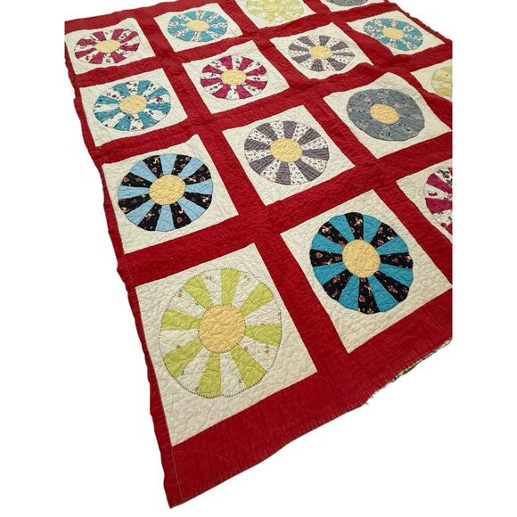 Antique Vintage Dresden Plate Quilt Red Sashing Hand Stitched 66x74” Patchwork - Picture 3 of 14